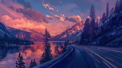 beautiful landscape road sunrise mountains