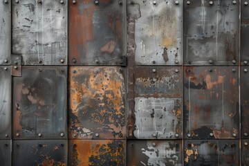 An array of metal panels bolted together, each bearing unique patterns of rust and decay