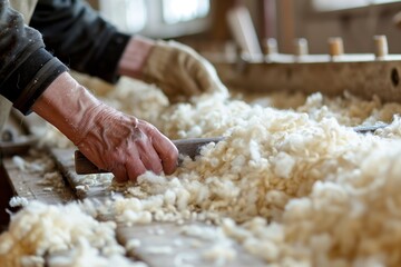 Close-up of experienced hands shearing sheep wool, depicting traditional craftsmanship - obrazy, fototapety, plakaty
