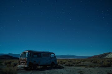 Fototapeta na wymiar An abandoned vintage van sits solitary under a clear, expansive starry night sky in a remote desert scene