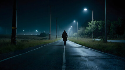 A night walking down a road on his own alone, separate from this world