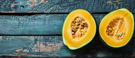   Two cantaloupes sit on blue plank floor