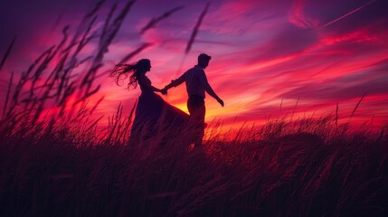 Vivid sunset silhouette  dancing couple, high contrast, rich red and purple tones