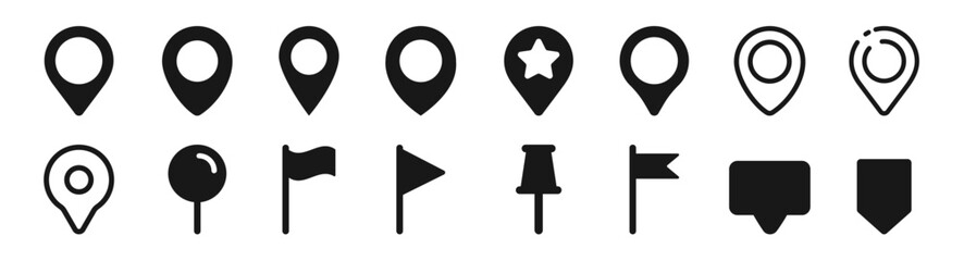 Set of map pin location icons. Modern map markers. Map pin place marker. Location icon. Map marker pointer icon set. - obrazy, fototapety, plakaty
