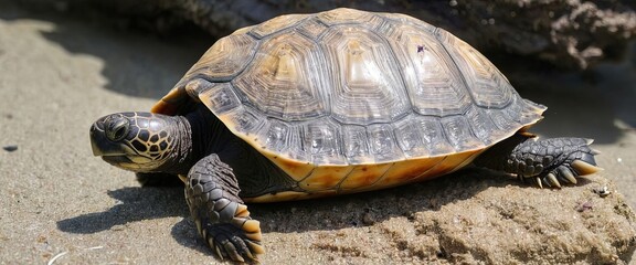 Fototapeta premium A miniature turtle calmly rests atop a rugged rock, basking in the warmth of natures embrace