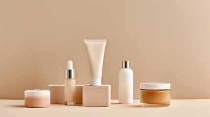 Fototapeta na wymiar Elegant Set of Skincare Beauty Products Mockup on Neutral Background