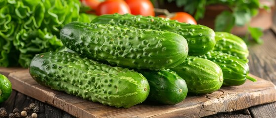   A heap of verdant cucumbers positioned atop a wooden cutting plank beside a mound of ripe tomatoes