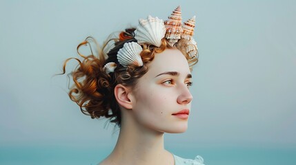 girl with a wreath of shells on her head. - obrazy, fototapety, plakaty