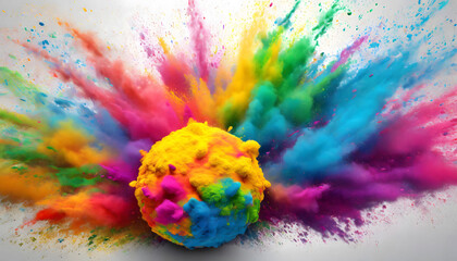 Colorful Burst with Rainbow Holi Paint Powder Ball Leading the Way
