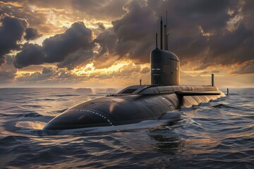 nuclear submarine surfaced at sunset