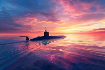 nuclear submarine surfaced at sunset