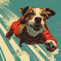 A dog in a wingsuit, gliding through the air with Zoom trailing behind like a jet stream , Pop Art Tone - obrazy, fototapety, plakaty