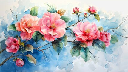 Watercolor Camellia Flowers Invitation - obrazy, fototapety, plakaty