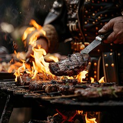 A duel between a knightly steak and a dragonshaped flame, grilling to perfection in a medieval cookoff , clean sharp focus - obrazy, fototapety, plakaty