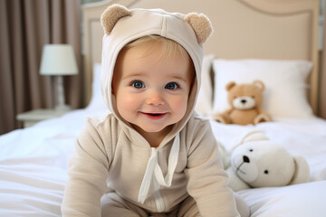 Closeup portrait of a cute little baby in fluffy bear pajamas with ears on a cozy bed among plush toys