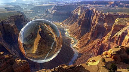 A rugged canyon landscape with towering cliffs and winding rivers, encapsulated within a breathtaking 3D glass globe.