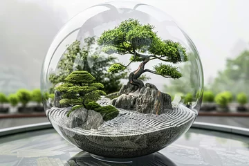 Foto op Aluminium A tranquil Japanese zen garden encapsulated within a spherical 3D glass globe, with meticulously raked gravel, bonsai trees, and serene meditation spaces. © Ammara studio