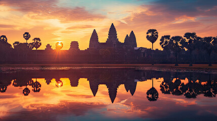 Fototapeta premium Angkor Wat Bathed in Still Water. Angkor Wat's Mirror Image Sunrise Paints the Reflecting Pool.