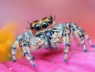 Colorful jumping spider on pink surface.