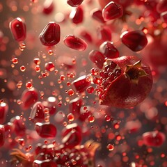 Pomegranate seeds spreading out in an explosion, each Ping and Pang showing their dispersal , soft shadowns - obrazy, fototapety, plakaty