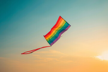 Pride flag waving in bright sunlight against clear sky
