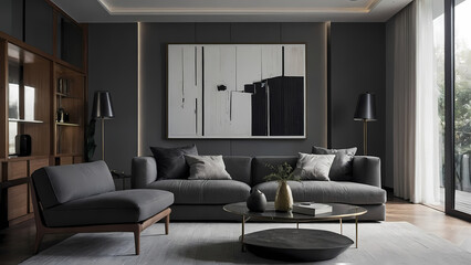 Modern Minimalism: Crisp White & Charcoal Living Room (Statement Art)