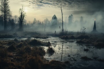 Abstract foggy gloomy frosty swamp landscape with dark black forest in the background