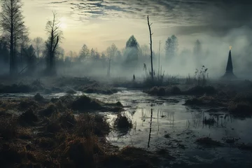Crédence de cuisine en verre imprimé Gris 2 Abstract foggy gloomy frosty swamp landscape with dark black forest in the background
