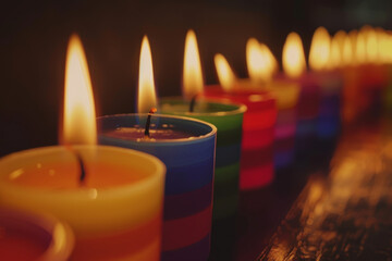 Flame-lit rainbow candles in a row on dark wooden surface - Powered by Adobe
