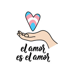Genderflux Pride Flag. Love is love - in Spanish. Lettering. Ink illustration. Modern brush calligraphy. El amor es el amor