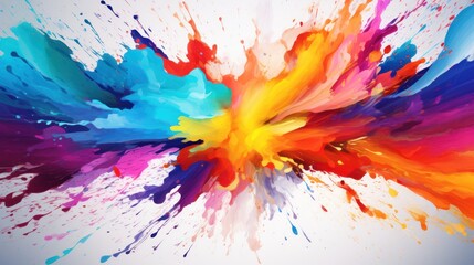 A white background with a colorful splash in the center, resembling an explosion. The explosion is made up of various colors such as red, orange, yellow, blue, indigo, and violet. - obrazy, fototapety, plakaty
