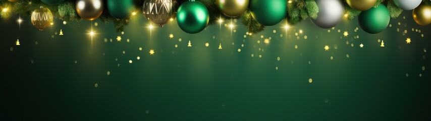 A green and gold Christmas background with baubles, fir branches and confetti.