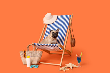 Cute French bulldog sitting on deckchair near beach accessories against orange background