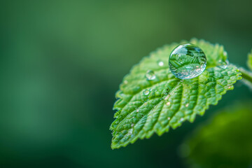 Dewdrop on textured green leaf, symbolizing fresh environment