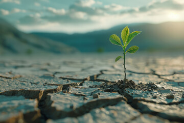 Lone seedling rising from cracked soil at dawn, hope for eco-recovery