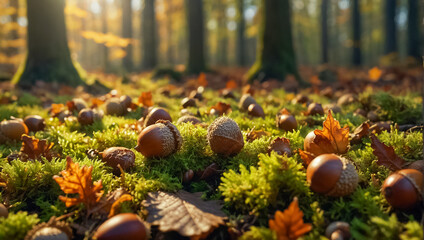 beautiful acorns in the autumn forest close-up - obrazy, fototapety, plakaty