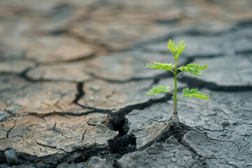 Solitary sapling on parched ground, symbol of ecological perseverance