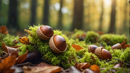 beautiful acorns in the autumn forest moss close-up - obrazy, fototapety, plakaty