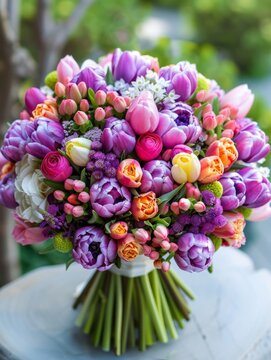 Freshly tied bunch of purple-hued flowers - This hand-crafted bouquet showcases a variety of purple flowers creating a visual symphony perfect as a gift or centerpiece