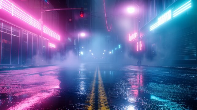 An empty urban street scene at night, bathed in the surreal off the wet asphalt. The air is thick with smog, diffusing the neon into a soft haze that envelops the street.