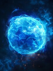 Ethereal blue energy ball with swirling patterns - A mesmerizing image of a blue glowing energy sphere with intricate swirling light patterns against a deep space background