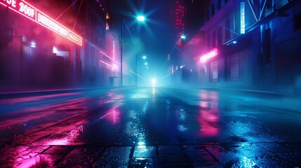 An empty urban street scene at night, bathed in the surreal glow of neon lights reflecting off the wet asphalt. The air is thick with smog soft haze that envelops the street.
