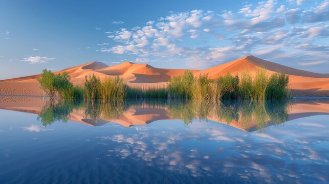 Surreal desert oasis  magic hour high res hdr photo of mirage with sand dune patterns and lush flora