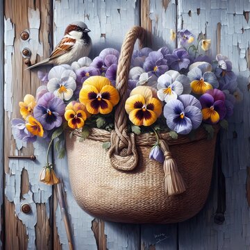 A beige cloth bag hangs with a bouquet of pansies next to it. There is a cute looking sparrow.