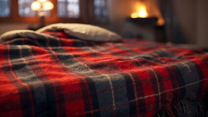Checkered bedspread on bed closeup - obrazy, fototapety, plakaty