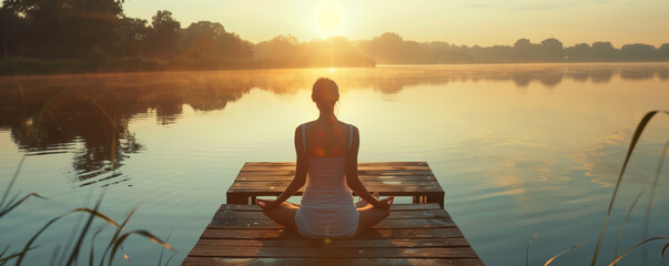 Person meditating on a pier at sunrise - obrazy, fototapety, plakaty