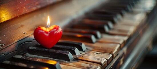 A red heart candle on a piano
