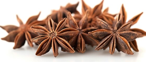   Pile of Star Anise Seeds on White Background with Reflection