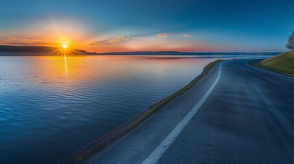 An enchanting view where a smooth road runs parallel to a serene lake under the spell of sunset.