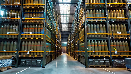 Huge artillery shells fulfillment stock center of giant fulfillment center of defense systems, precision weapons Arms industry company with millions of shells stored on Storage Racks. Defense industry - obrazy, fototapety, plakaty